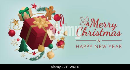 Weihnachtsgeschenk und traditionelle Ornamente, Banner mit Kopierbereich Stock Vektor