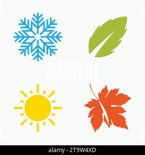 Vier Jahreszeiten Symbole, Zeichen, Symbole. Winter Frühling Sommer Herbst. Schneeflocke, Blatt, Sonne, Herbstblatt. Strichgrafik Stock Vektor