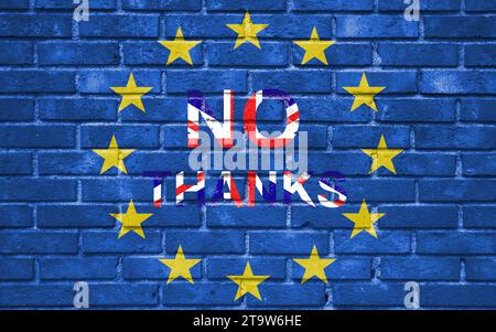 brexit blaue EU-Flagge auf Ziegelwand und Wort nein danke mit britischer Flagge, Referendum für das Austrittskonzept des vereinigten Königreichs Stockfoto