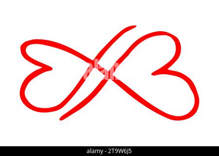 Unendlichkeits-Symbol mit zwei sich schneidenden Herzen. Handbemalt mit schwarzer Farbe. Grunzige Pinselführung. Vektorgrafik. Stock Vektor