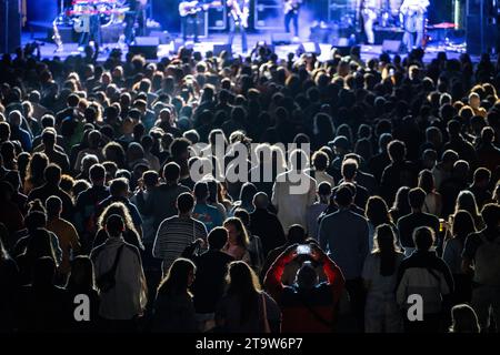 Glückliche Leute, die die Auftritte einer beliebten Band genießen Stockfoto