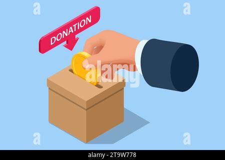 Isometrische Charaktere spenden online Geld für wohltätige Zwecke. Die Finanzierung eines Fonds trägt zur wirtschaftlichen Stärkung der Armen bei. Spendenbox. Stock Vektor