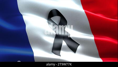 Betet für frankreich, winkelt mit farbigem Hintergrund der französischen Landflagge mit schwarzem Band, Opfer in frankreich Stockfoto