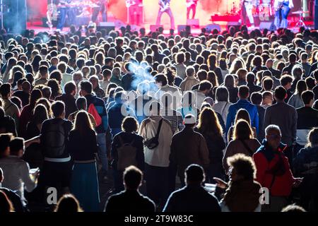 Glückliche Leute, die die Auftritte einer beliebten Band genießen Stockfoto