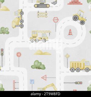 Straße mit Autos nahtlose Muster Aquarellillustration. Handgezeichnete Hintergrundkarte der Stadt für Kinder zum Spielen mit Spielzeug. Für Kindergartenteppich oder Stoff und Textil. Stockfoto