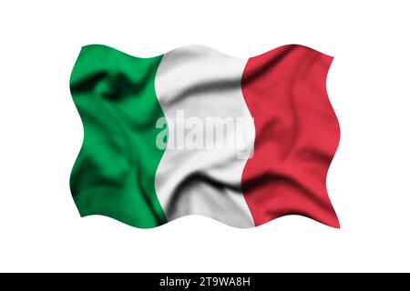 Die Flagge Italiens winkt im Wind auf weißem Hintergrund. 3D-Rendering. Beschneidungspfad Enthalten Stockfoto