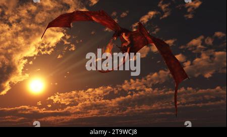 Roter Drache greift von einem hellen Sonnenuntergangshimmel an Stockfoto