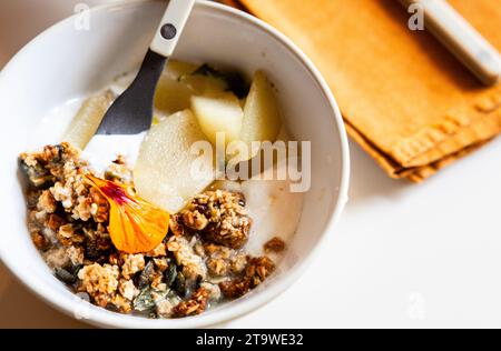 Nahaufnahme einer Schüssel mit gesundem Essen mit Joghurt, Obst und Müsli Stockfoto