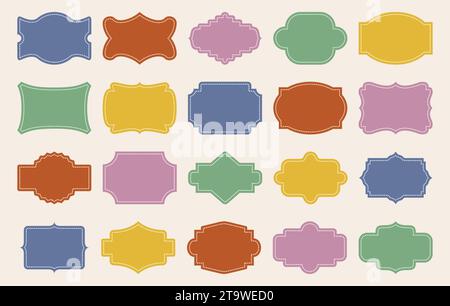 Leerer leerer Rahmen. Dekorative Retro-Blankoformen. Vintage-Emblem-Etiketten. Eleganter Verpackungsaufkleber mit königlichem Deckel. Textrahmen für Kontur-Scrapbook Stock Vektor