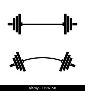 Gerades und gebogenes Langhantelsymbol auf weißem Hintergrund. Geräte für Gewichtheben, Bodybuilding, Fitnessstudio, Crossfit, Workout, Symbol für Fitnessklub. Stock Vektor