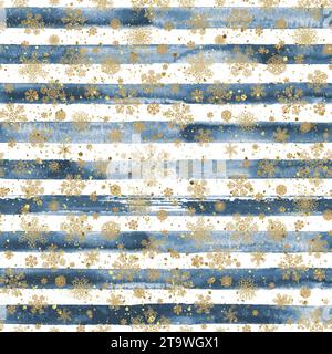 Nahtloses Karomuster mit Streifen in Aquarellfarben. Blau-weiße Streifen und goldene Polka-Punkte mit Schneeflocken Hintergrund. Handgezeichnetes, gestreiftes Aquarell. Stockfoto