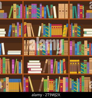 Bücher auf Regalen nahtloses Muster. Bücherregale oder Bücherregale Hintergrund Bibliothek oder Buchhandlung. Bildung und Wissen, Studium und Lernen. Stock Vektor