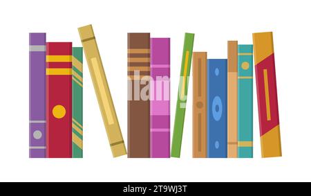 Vertikal stehender Stapel von Büchern isoliert auf weißem Hintergrund. Buchrückendesign, Schulbücher stapeln sich. Lehrbuch-Heap. Bücherregal, Bibliothek Stock Vektor