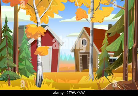 Das Haus ist wunderschön. Dorf im Herbstwald. Kiefer und Birke. Lustiger Zeichentrickstil. Vektor Stock Vektor