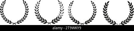 Schwarze Silhouette kreisförmiges Lorbeerblatt, Weizen- und Eichenkränze, die eine Auszeichnung, Leistung, Heraldik und einen Adel darstellen. Emblem floraler griechischer Zweig fl Stock Vektor