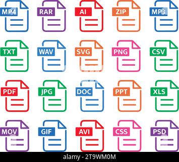 Symbolgruppe Dateityp. Beliebtes Dateiformat und Dokument. Format und Erweiterung von Dokumenten. Satz von PDF, doc, Excel, PNG, JPG, psd, gif, csv, xls, ppt, h Stock Vektor