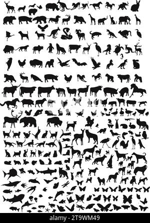Silhouettenset für Tiere. Große Säugetiersammlung. Symbole für Vieh und Geflügel. Ländliche Landschaft. Gruppe von Waldtieren oder Wildtieren. Meerestiere und Vögel Stock Vektor