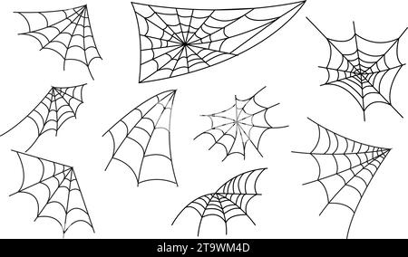 Set von Spinnennetz auf transparentem Hintergrund. Sammlung Spiderweb net. Gruselige Halloween Spinnennetze mit Spinnen. Vektorgrafik umreißen. Gruselig, gruselig Stock Vektor