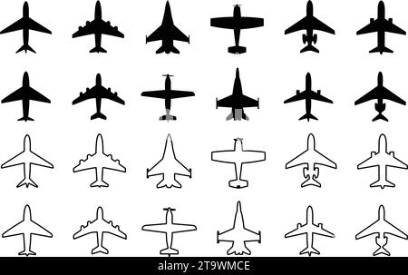 Legen Sie Flugzeugsymbole fest. Flugzeuge flach und im Linienstil. Jet-Ebene. Symbol für Flugreisen. Stock Vektor