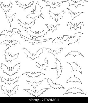 Fledermaus Horror Line Set. Aufkleber mit schwarzer Maus zur Halloween Dekoration. Einfaches Symbol mit Tier von verschiedenen Seiten. Die Silhouette eines fliegenden Fledermauskollegs Stock Vektor