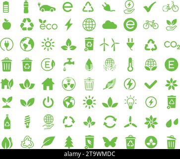 Große Auswahl an umweltfreundlichen und umweltfreundlichen Energiequellen. Recyceln. Natur und erneuerbare Energien. Grüne Energie und Erhaltung natürlicher Ressourcen. Eco-Symbole. gr Stock Vektor