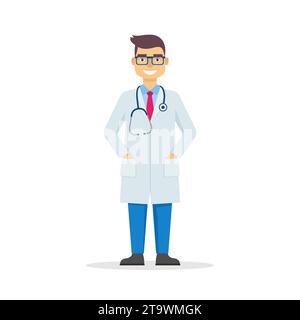Arzt oder Arzt mit Stethoskop bei der Arbeit, Krankenhaus- oder Klinikpersonal. Medizinarbeiter im Gewand. Cartoonfigur des lächelnden Arztes. Stock Vektor