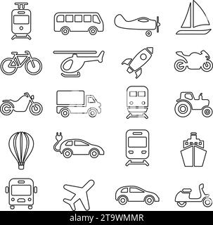 Symbolgruppe „Transport“ oder „Transport“. Mit Auto, Fahrrad, Flugzeug, Zug, Fahrrad, Motorrad, Bus und Roller, Traktor und Elektrofahrzeug, Schiff oder F Stock Vektor