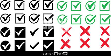 Symbole prüfen und kreuzen. Markiert die Symbolsammlung. Einfaches Häkchen. Symbol für Qualitätszeichen. Checklistensymbole. Genehmigungsprüfung flache Ausführung – St Stock Vektor