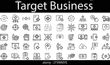 Symbole für Zielunternehmen oder digitale Marketinglinien festgelegt. Unternehmen, Team, Support, Zielgruppe Stock Vektor