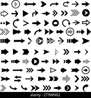 Pfeile große schwarze Set-Symbole. Flaches Pfeilsymbol. Pfeilvektorsammlung. Cursor. Moderne einfache Pfeile. Materialvektor Stock Vektor