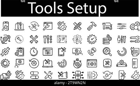 Tools Setup Line Symbolsatz. Symbole für Einstellung und Einrichtung, Symbol für verwandten Vektor reparieren. Schraubendreher, Zahnrad, Instrumente für die Bergungsdienste. Arbeitsausrüstung Stock Vektor