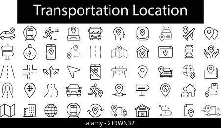 Einfacher Satz von verlegungsbezogenen Vektorlinien-Symbolen. Enthält Symbole wie Karte mit Pin, Routenkarte, Standort, Navigator, Richtung und Transportweg Stock Vektor