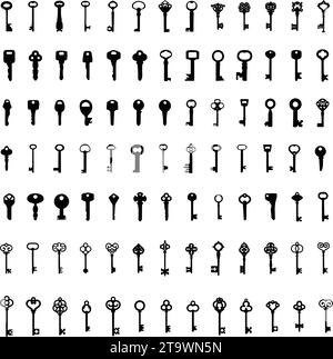 Schlüsselsatz mit schwarzer Silhouette des Türschlosses. Viktorianische Schlüsselkollektion Vintage. Set Der Alten Taste Skizze. Antike Skelettschlüssel Vektorsymbole Stock Vektor