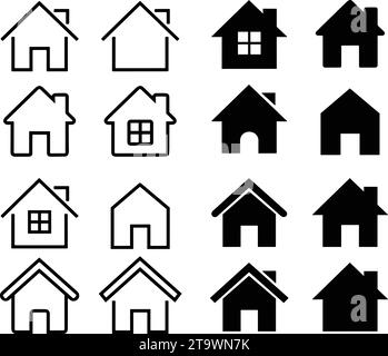 Haus- oder Home-Symbol. Homepage-Set mit Immobilienobjekten und schwarzen Symbolen. Sammlung von Homesymbolen in flacher und Linienform für Apps und Websites Stock Vektor