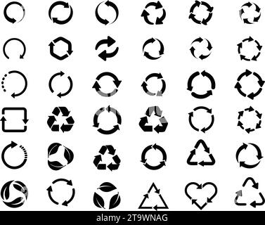 Symbol-Vektorsatz wiederverwenden. Sammlung von Symbolen für Recycling und Drehung oder Kreispfeile. Rotiert endlos wiederverwendbares Zeichen. Ökoökologie Natur Bio Black Stock Vektor