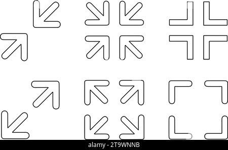 Symbolsatz für Bildschirmschaltflächen maximieren und minimieren. Erfassung von Signalen für Eingabe und Ausgang im Vollbildmodus. Pfeilmarkierungssymbole. Skalierbarkeitssymbole im flachen Stil für Web s Stock Vektor