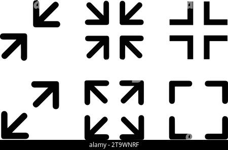 Symbolsatz für Bildschirmschaltflächen maximieren und minimieren. Erfassung von Signalen für Eingabe und Ausgang im Vollbildmodus. Pfeilmarkierungssymbole. Skalierbarkeitssymbole im flachen Stil für Web s Stock Vektor