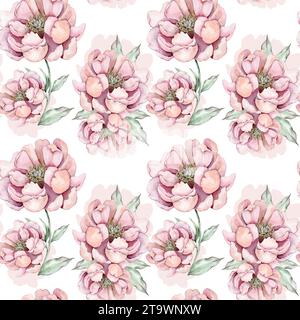 Nahtloses Muster mit rosafarbenen Pfingstrosen in Aquarellfarben Stockfoto