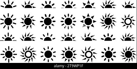 Sonnensymbole Vektorsymbole gesetzt. Schwarze Sonnen STAR Icons Kollektion. Sommer, Sonnenlicht, Natur, Himmel Sonnenuntergang und Sonnenaufgang, Halbsonne Stock Vektor