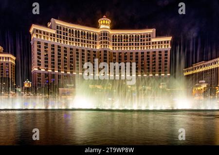 Las Vegas; USA; 19. Januar 2023: Fantastisches Panorama des Bellagio Hotels und Kasinos mit seinem wunderbaren, beispielhaften und großen See und Brunnen tanzen Stockfoto