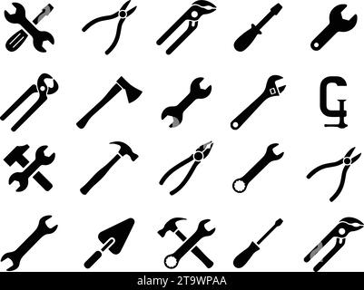 Symbol „Set of Work Tools“ Symbol Hammer drehen Schraubenwerkzeuge. Instrumentensammlung. Mechanisches Werkzeug. Konstruktions- und Reparaturwerkzeuge Vektorillustration Stock Vektor