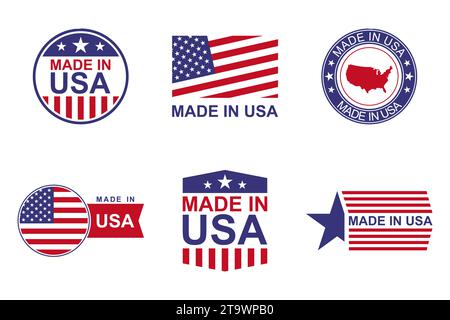 Made in USA Etikettenset. Produkt hergestellt in den Vereinigten Staaten von Amerika Symbol patriotische Zeichen. Amerikanisches Qualitätsgeschäft und nationales Thema. Stock Vektor