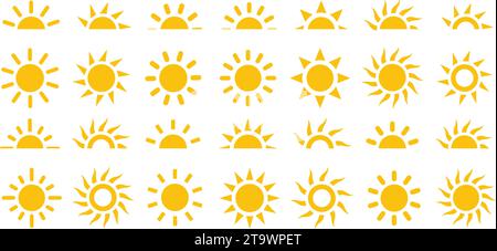 Sonnensymbole Vektorsymbole gesetzt. Gelbe Sonnen-Sternsymbole. Sommer, Sonnenlicht, Natur, Himmel Sonnenuntergang und Sonnenaufgang, Halbsonne Stock Vektor