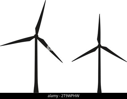Vektor-Silhouettenset für Windkraftanlagen. Vektorsymbole für Windmühle. Symbole für Windenergieanlagen. Symbole für Windkraft. Symbole für alternative Energie. Stromerzeugung aus erneuerbaren Energiequellen Stock Vektor