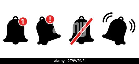 Die Signalglocke ist isoliert auf weiß gesetzt. Schwarz klingelnde Glocke mit neuer Benachrichtigung zur Erinnerung an soziale Medien. Schild für Wecker und Smartphone Stock Vektor