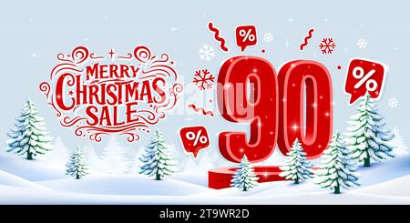 Frohe Weihnachten, 90 % Rabatt. Werbebanner und Poster. Vektor Stock Vektor