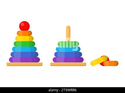 Zusammengesetztes und zerlegtes buntes Pyramidenspielzeug. Aufbau eines Ringturms. Lernspielzeug für Kleinkinder. Feinmotorische Entwicklungskräfte. Stock Vektor