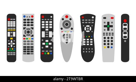 TV-Fernbedienung mit unterschiedlicher Form auf weißem Hintergrund. TV-Technologie Kanalsurfausrüstung mit Tasten Distanz Media Tastatur Stock Vektor