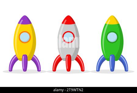 Raketenraumschiffe isoliert auf weißem Hintergrund. Spielzeugrakete für Kinder. Flugzeuge für Kosmonauten, erforschen das Universum, lehren, entwickeln Stock Vektor
