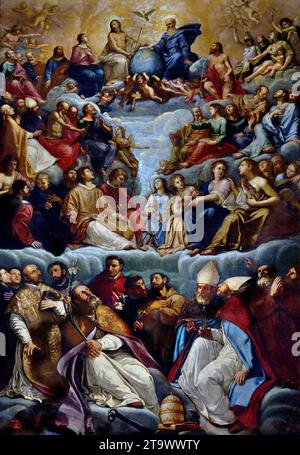 Papst Paul III. Billigt die Herrschaft des heiligen Ignatius durch Jusepe de Ribera 1591-1652 Chiesa del Gesu Nuovo, Kirche des Neuen Jesus, Neapel, Italien, Italien, Schöne Kunst Die barocke Architektur wurde 1750 fertiggestellt. Stockfoto